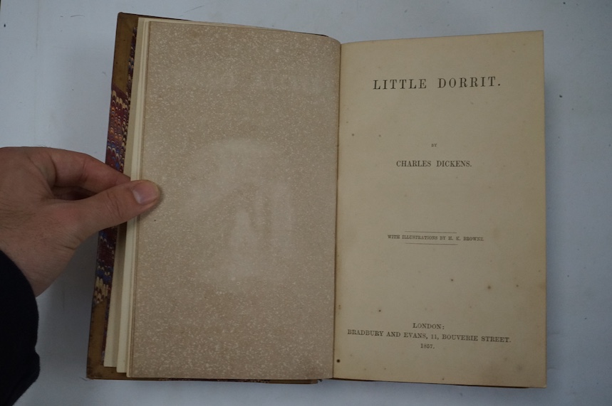 Dickens, Charles - Little Dorrit. First Edition. pictorial engraved and printed titles, frontis and 38 other plates (by H.K. Browne); (?) later 19th century gilt ruled half calf and marbled boards, gilt decorated panelle